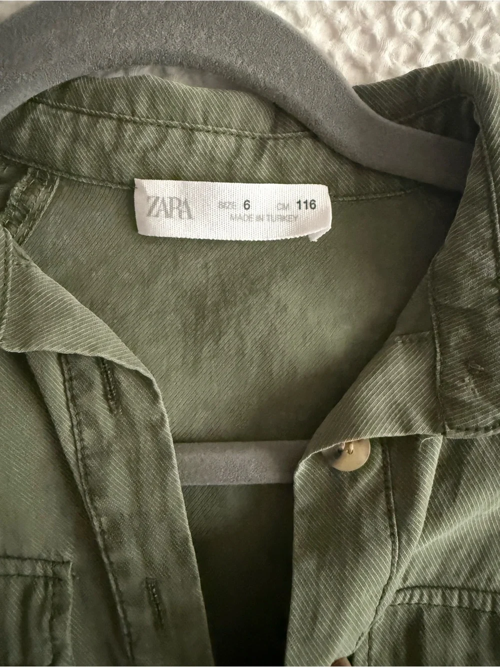 Zara Little Girls Button front, tie waist, sleeved dress, olive army green, 6
